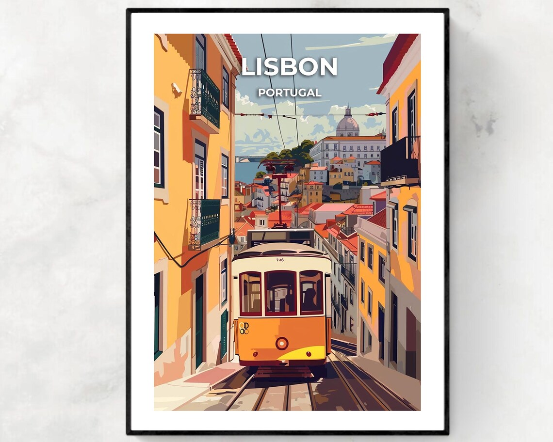 Lisbon Portugal Classic Yellow Tram Street Vintage Travel Poster