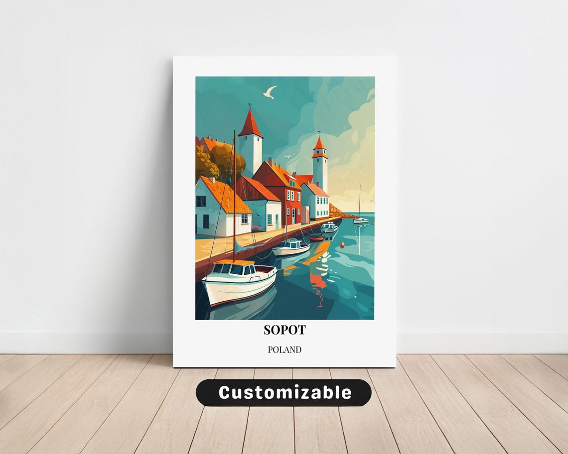 Sopot Poland Harbor Boats Baltic Coast Seaside Retro Travel Poster