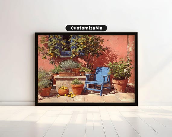 Terracotta Patio With Herbs Lemons And Blue Chair Bold Wall Art Mediterranean Botanical Decor