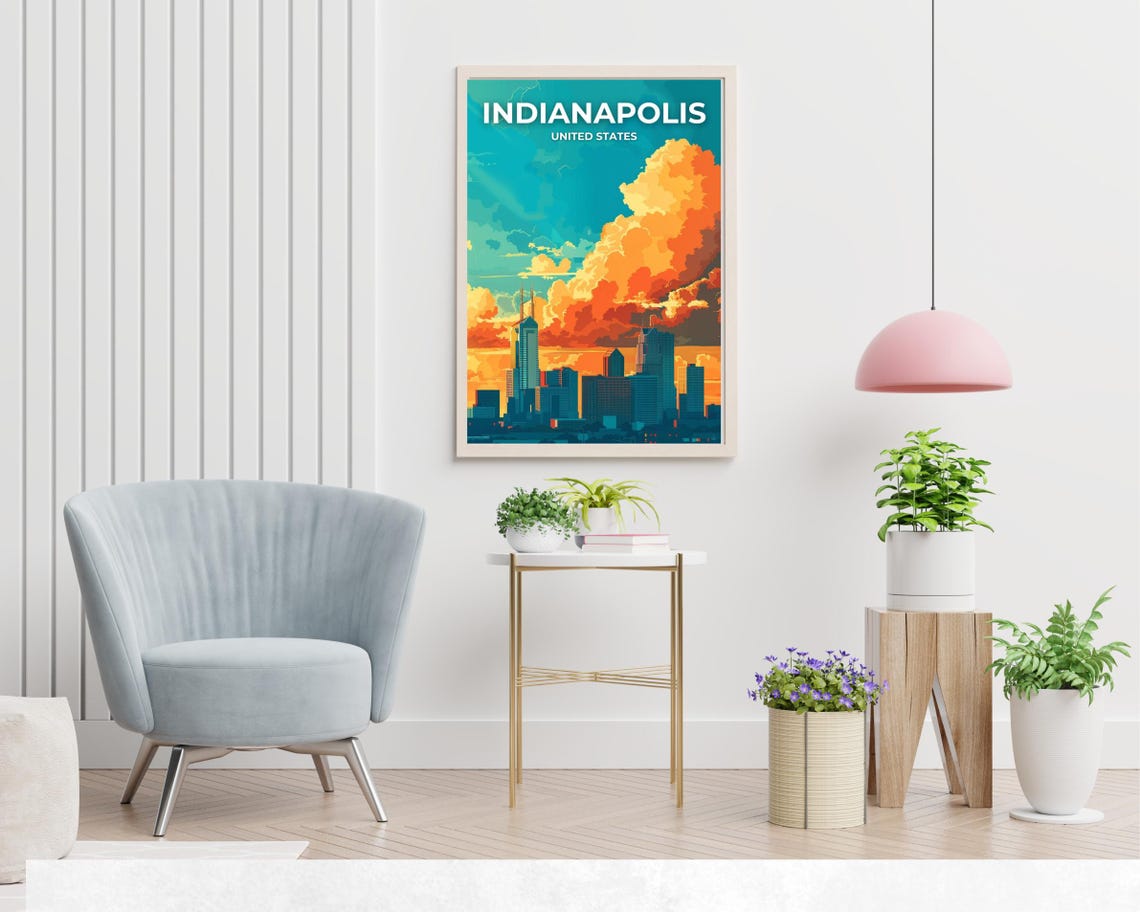 Indianapolis Skyline at Dusk Under Dramatic Orange Clouds Poster - Image 2