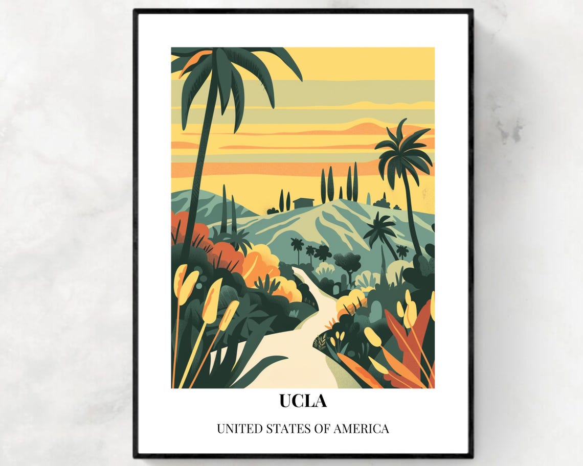 UCLA Palm Tree Hills Golden Sunset Classic Serif Travel Poster