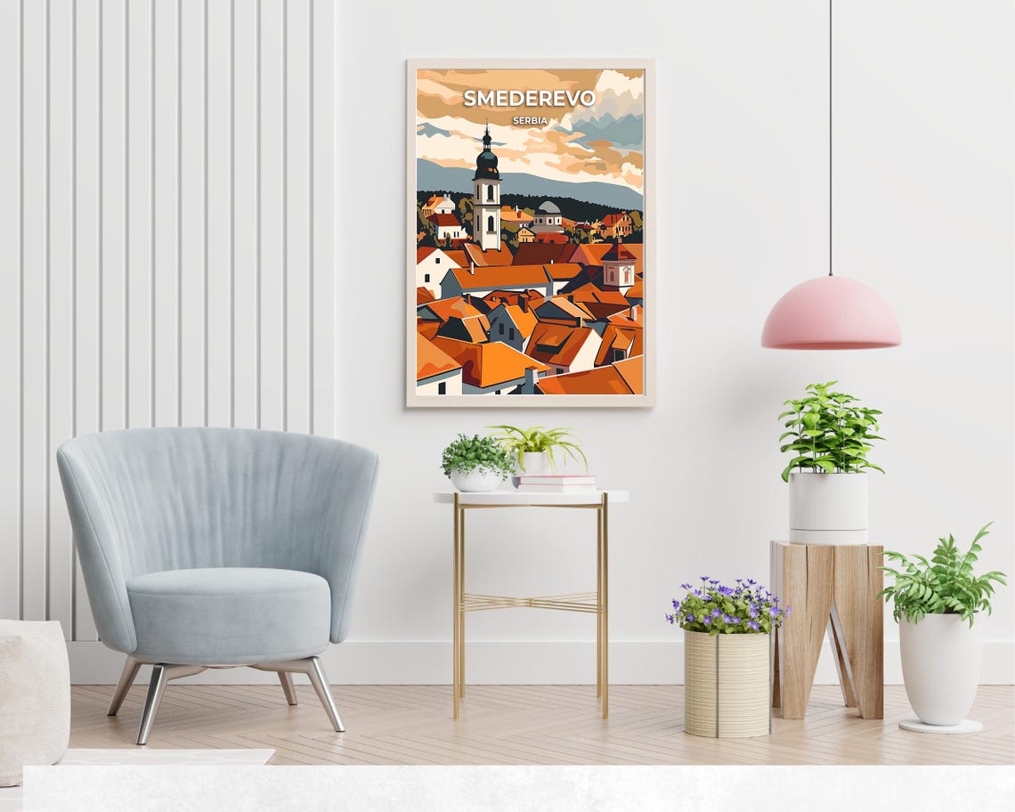 Smederevo Serbia Historic Bell Tower Old Town Rooftops Travel Poster - Image 2