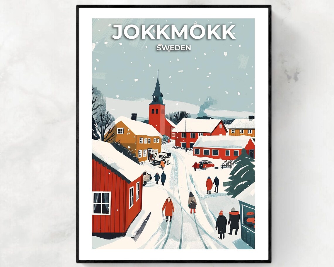 Jokkmokk Sweden Snowy Winter Street Market Town Travel Poster