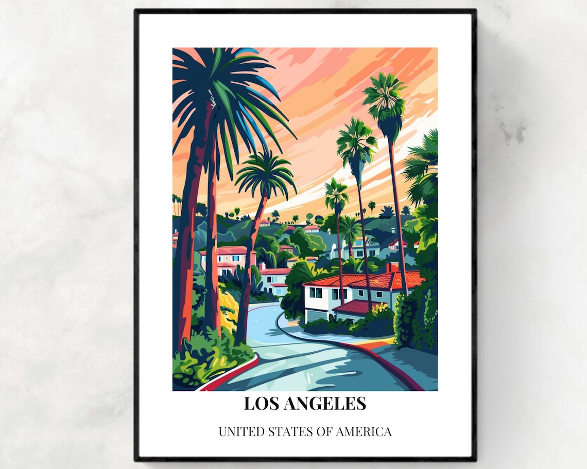 Los Angeles Sunset Palm Trees Street Travel Illustration Poster