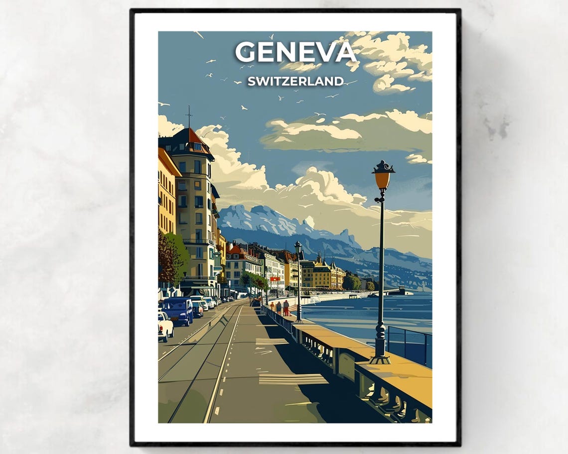 Geneva Switzerland Lakeside Promenade Daytime City Travel Poster