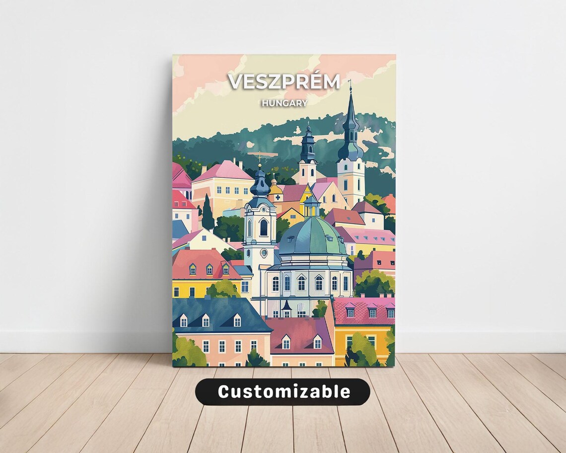Veszprem Hungary Colorful Domed Cathedral Cityscape Travel Poster