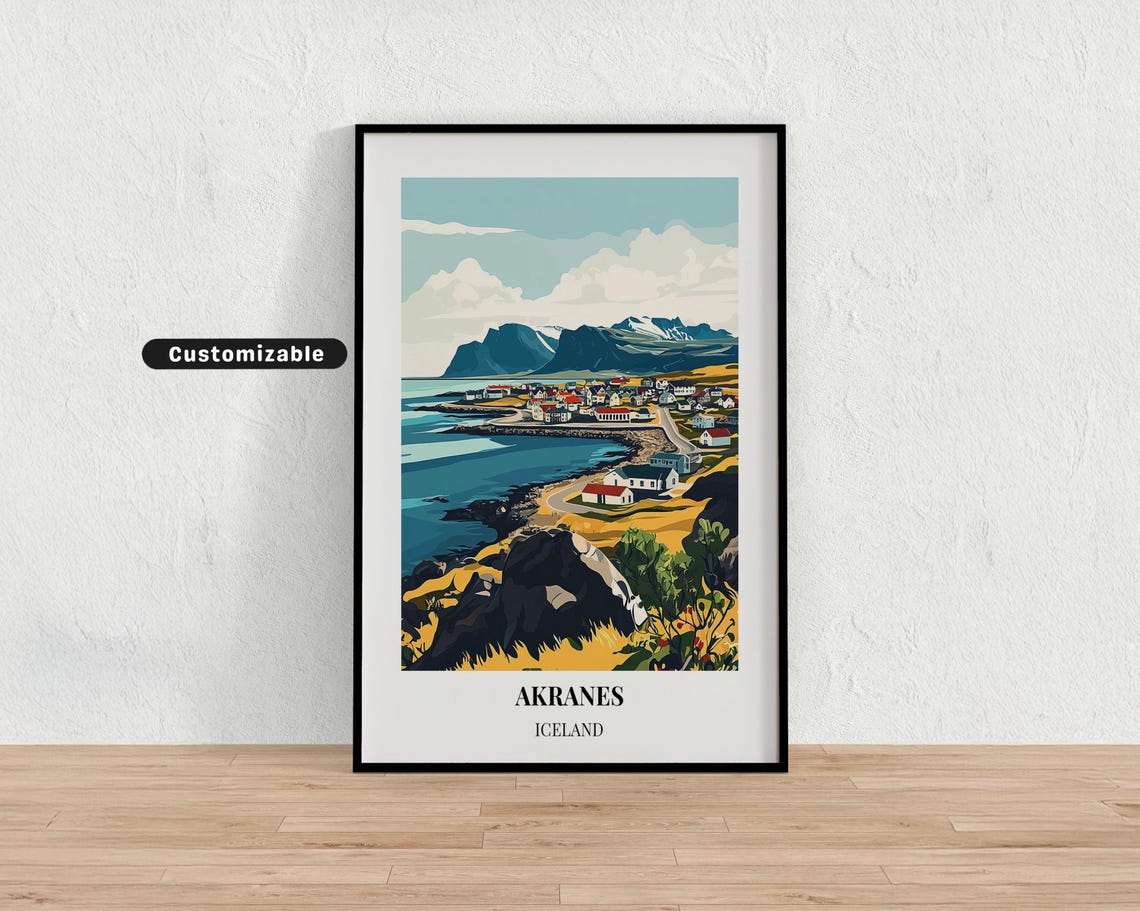 Akranes Iceland Coastal Town Harbor Painted Travel Art Poster