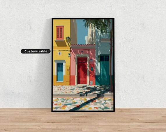 Colorful Abstract Interpretation Of An Italian Townscape By The Water Mediterranean Wall Art Tropical Illustration Print Mode