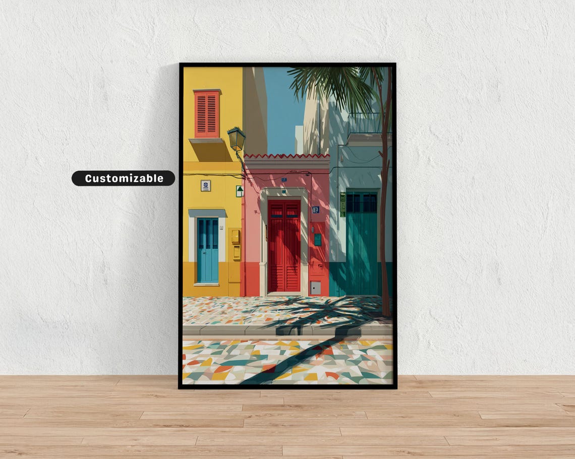 Sunny Colorful Mediterranean Street Houses Pattern Tile Art Poster