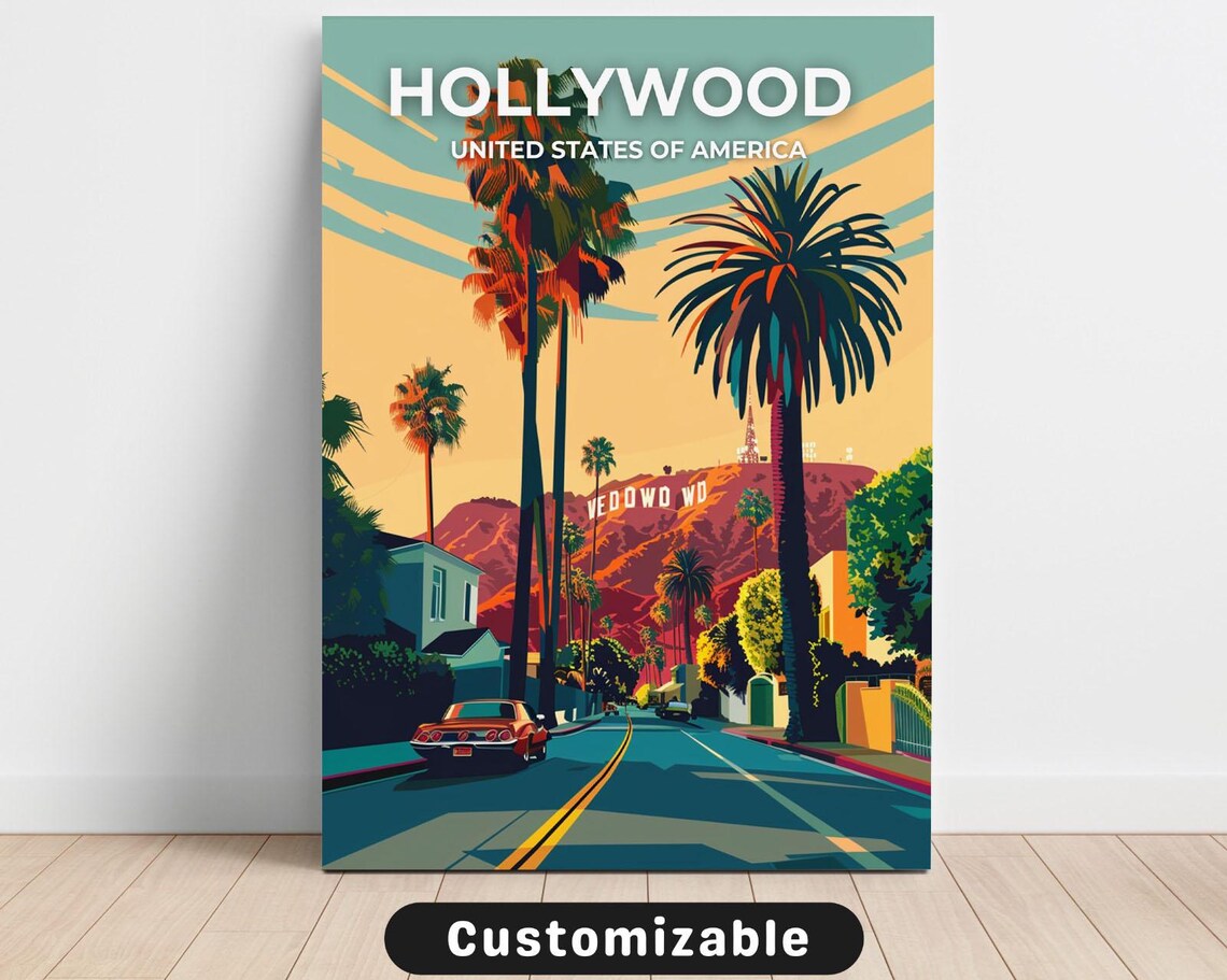 Hollywood Palm Trees Retro Travel Poster United States of America