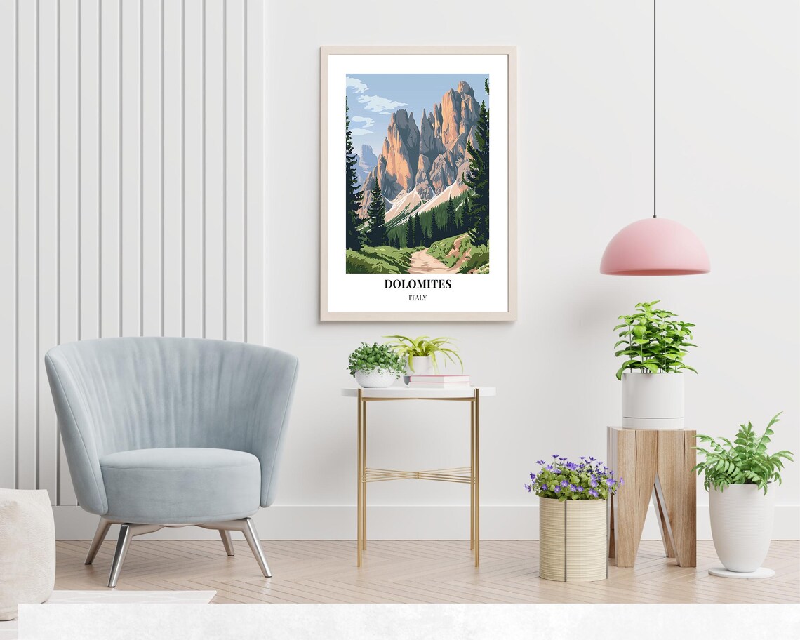 Sunlit Dolomites Limestone Rock Towers with Forest Trail Italy Poster - Image 2