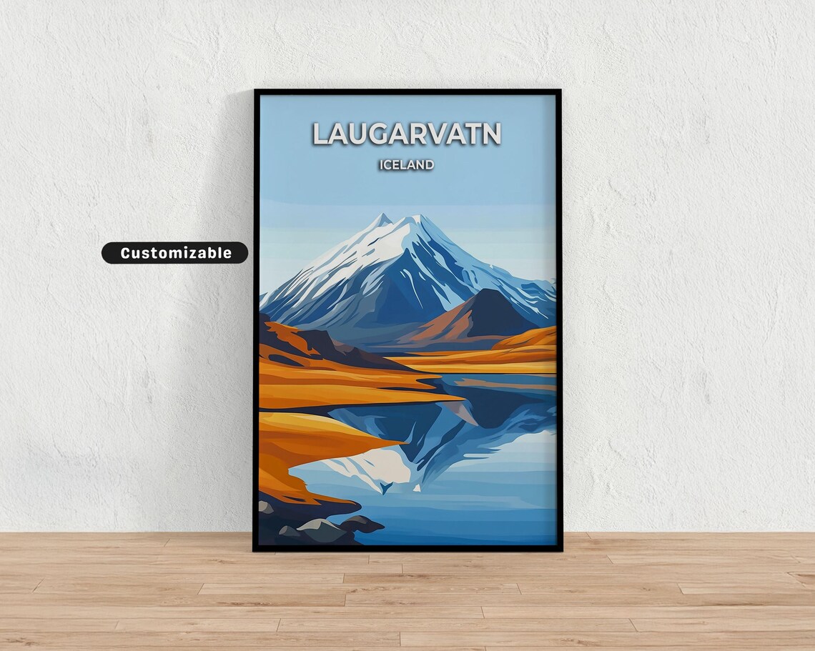 Laugarvatn Iceland Snowy Mountain Peak Autumn Lake Travel Poster