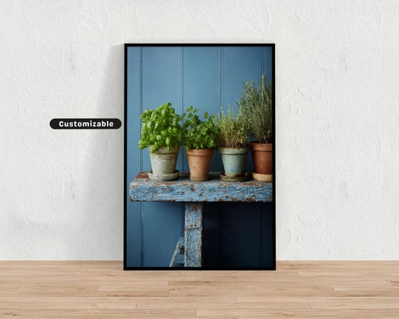 Rustic Blue Shelf With Potted Herbs Kitchen Botanical Wall Art Gardeninspired Print