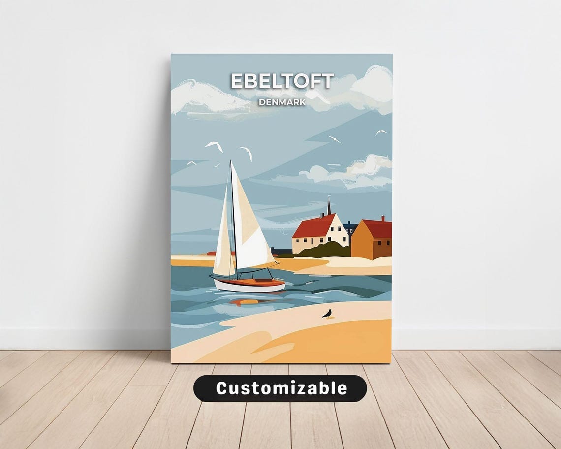 Ebeltoft Denmark Sailboat Sandy Beach Seaside Houses Travel Poster