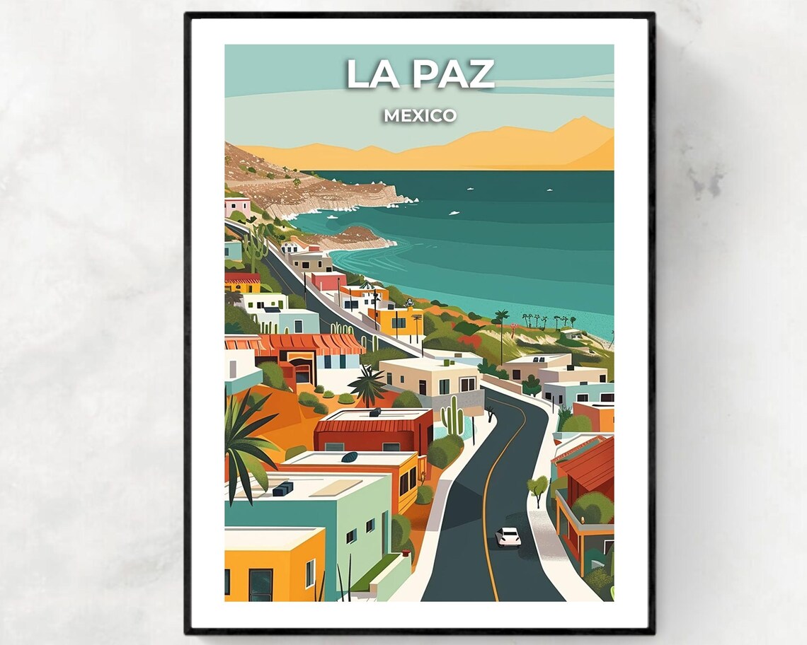 La Paz Mexico Coastal Desert City Winding Road View Travel Poster