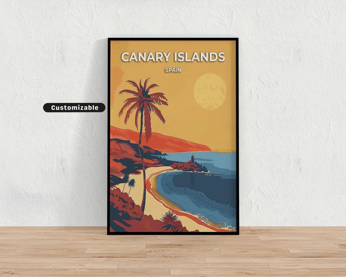 Canary Islands Spain Palm Beach Golden Sunset Retro Travel Poster