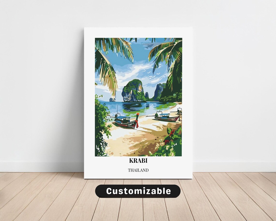Krabi Thailand Tropical Island Beach Longtail Boats Travel Poster