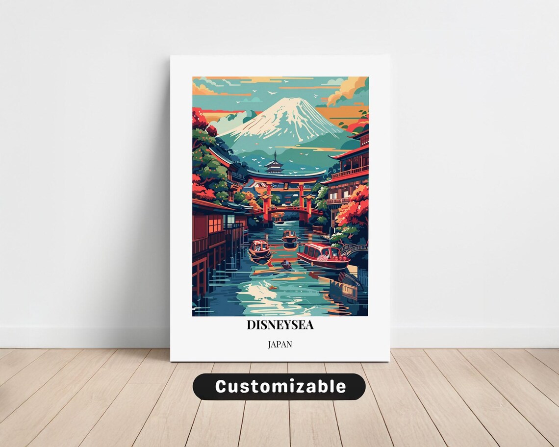 DisneySea Japan Mount Fuji Canal Boats Vintage Travel Art Poster