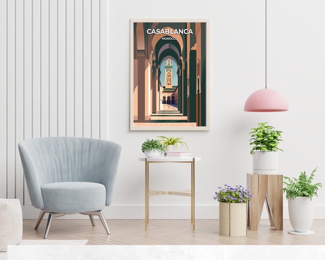 Casablanca Morocco Mosque Shadowed Arched Corridor Travel Poster - Image 2