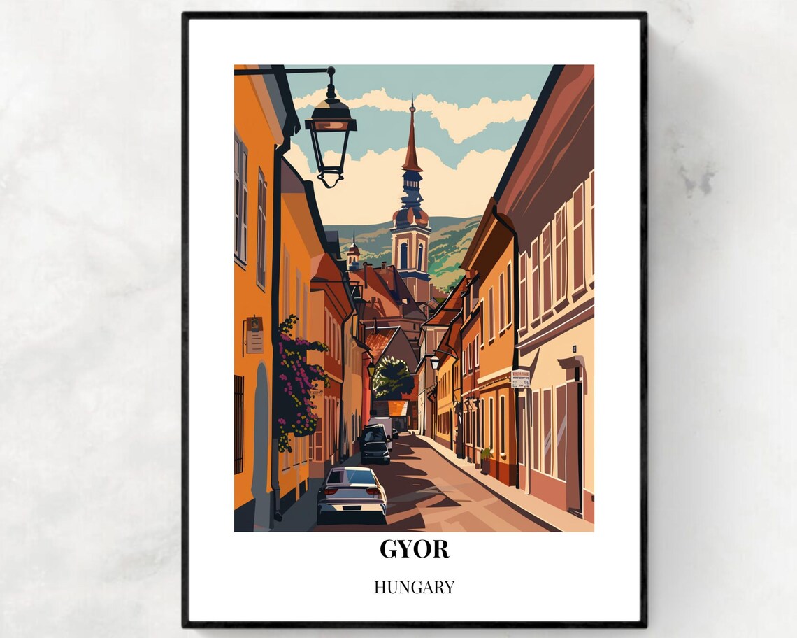Gyor Hungary Old Town Cobblestone Street Church Spire Poster