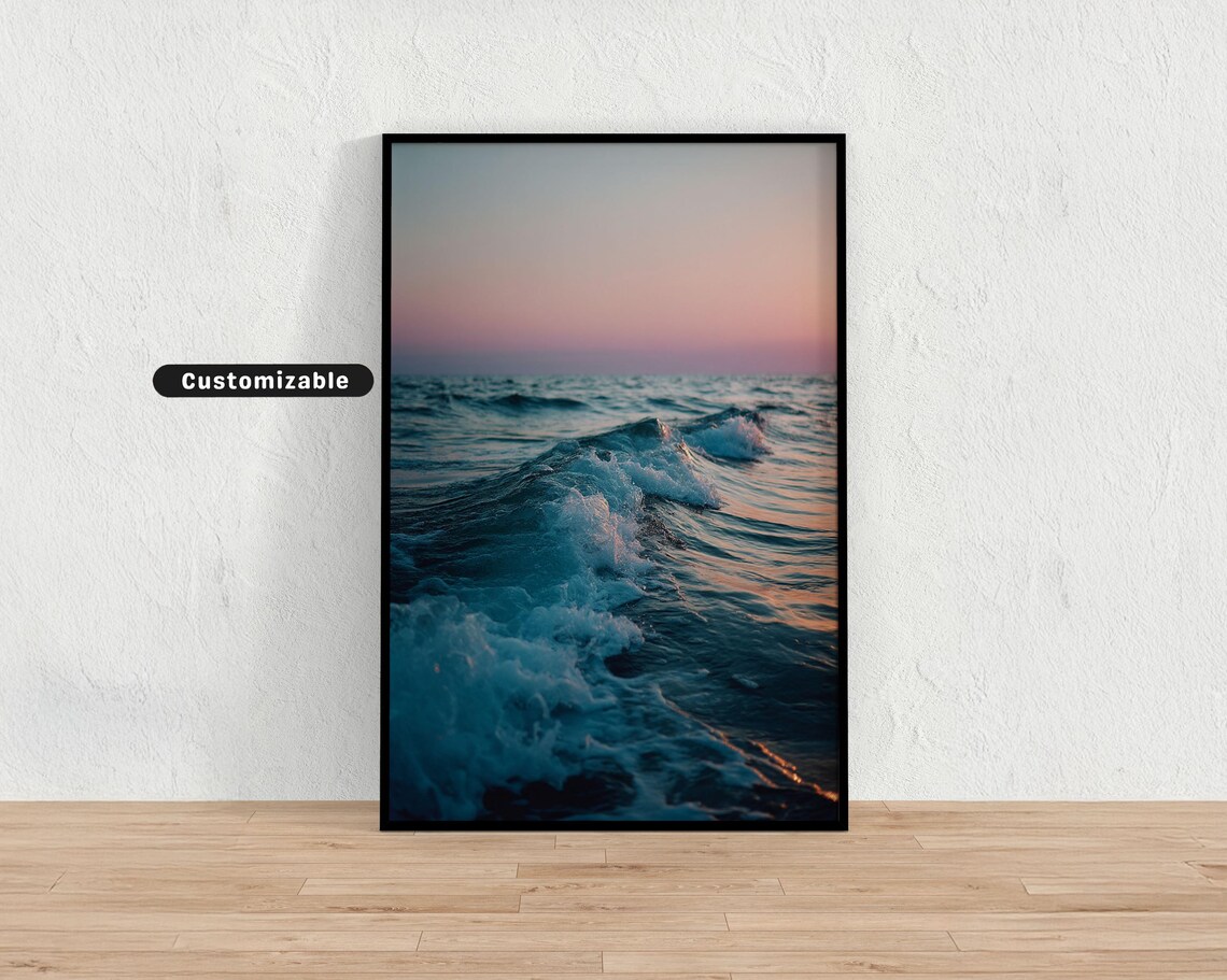 Teal Ocean Waves Sunset Pink Sky Serene Seascape Photo Poster