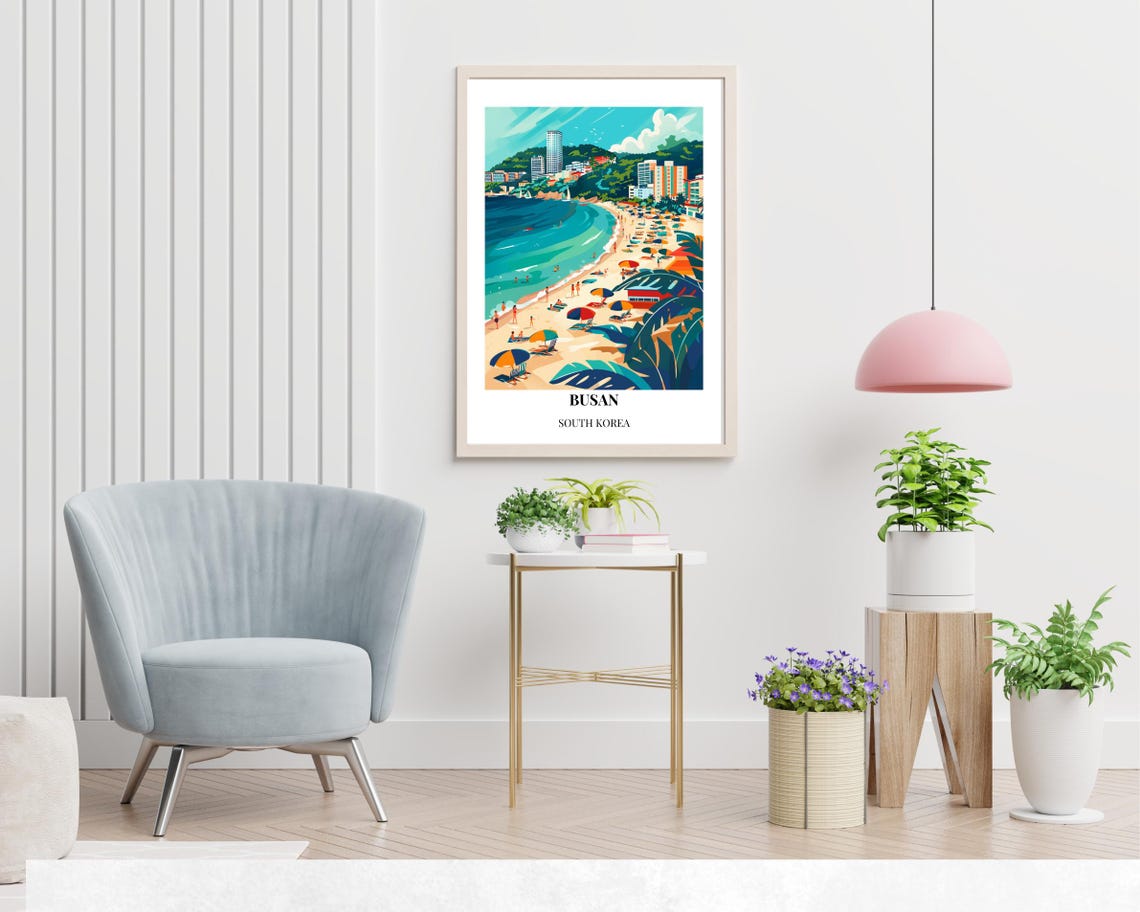 Busan South Korea Tropical Bay Beach Palm Leaves Travel Poster - Image 2