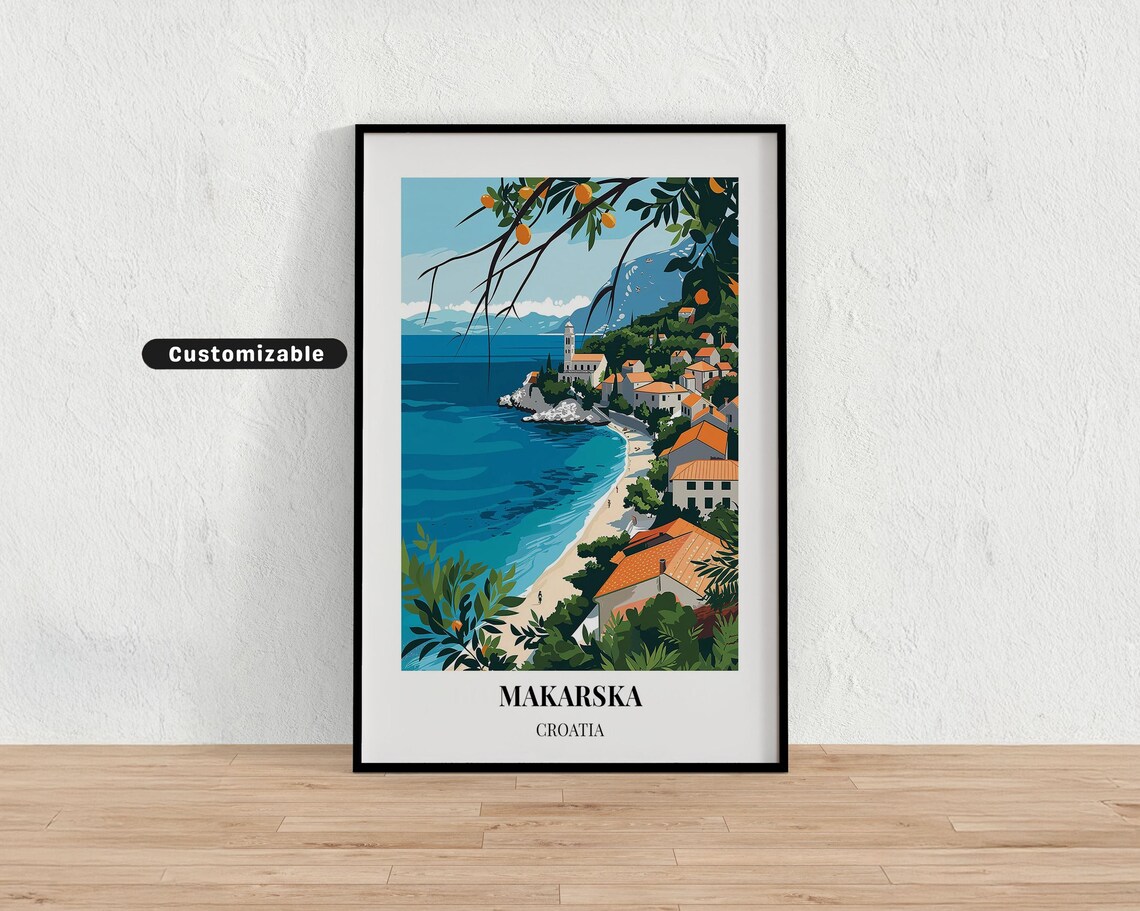Makarska Croatia Beach Bay Orange Rooftops Seaside Travel Poster