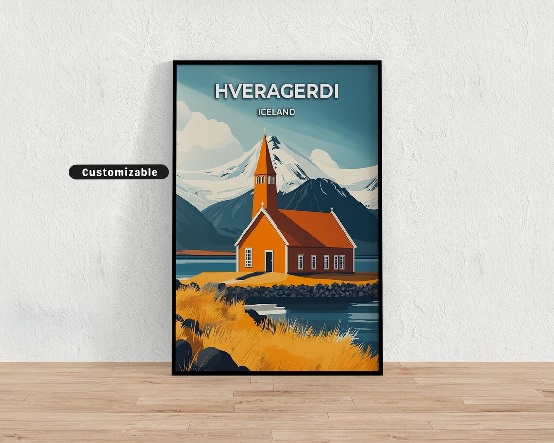 Hveragerdi Iceland Orange Church Snowy Mountain Travel Art Poster