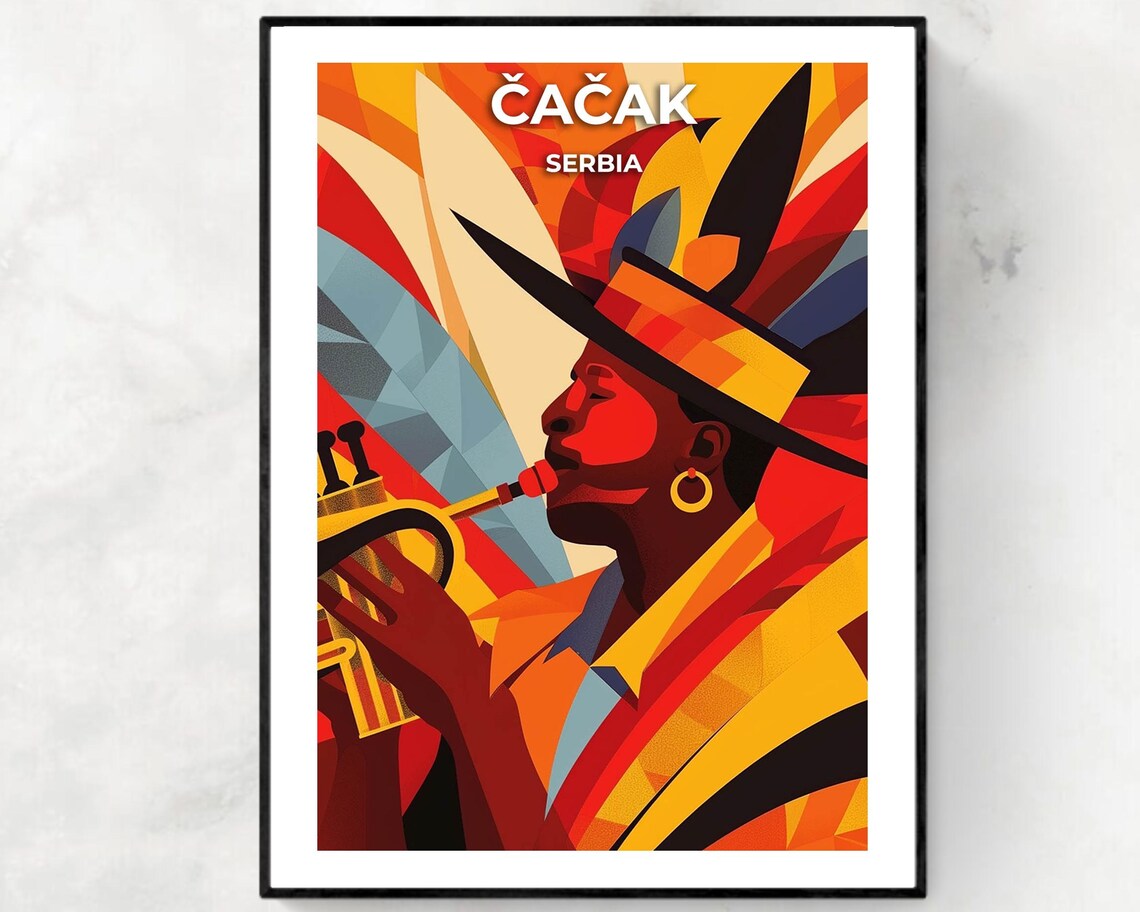 Cacak Fiery Trumpet Player in Bold Geometric Red Art Serbia Poster