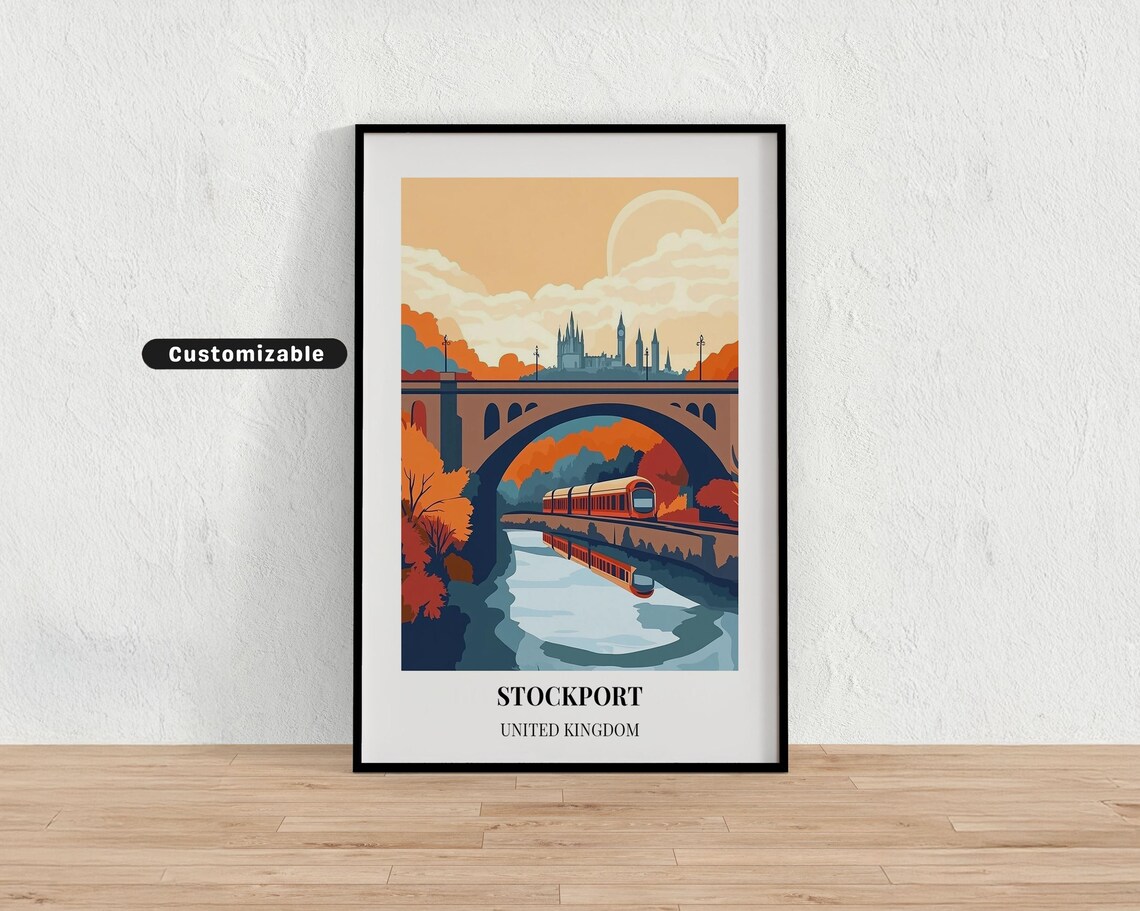 Stockport United Kingdom Viaduct Train Autumn Retro Travel Poster