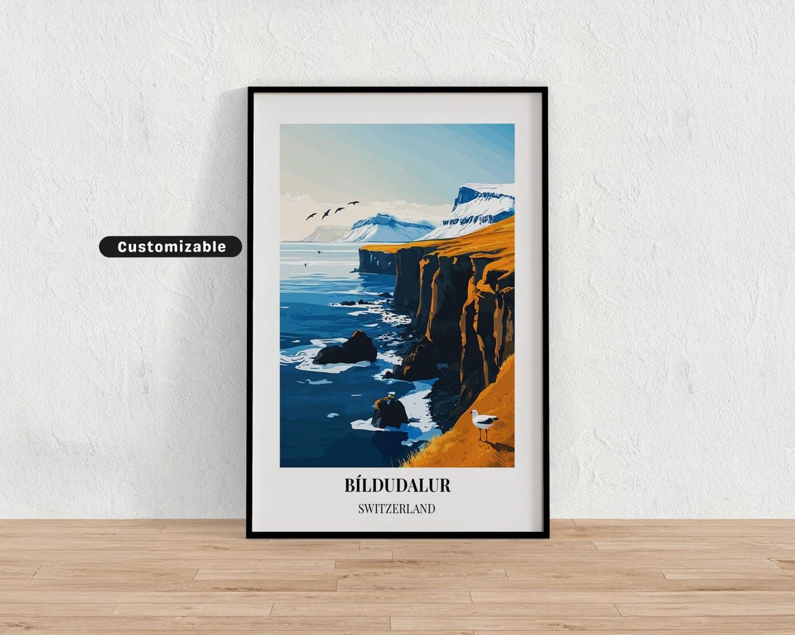 Bíldudalur Switzerland Dramatic Sea Cliffs Seabird Travel Poster