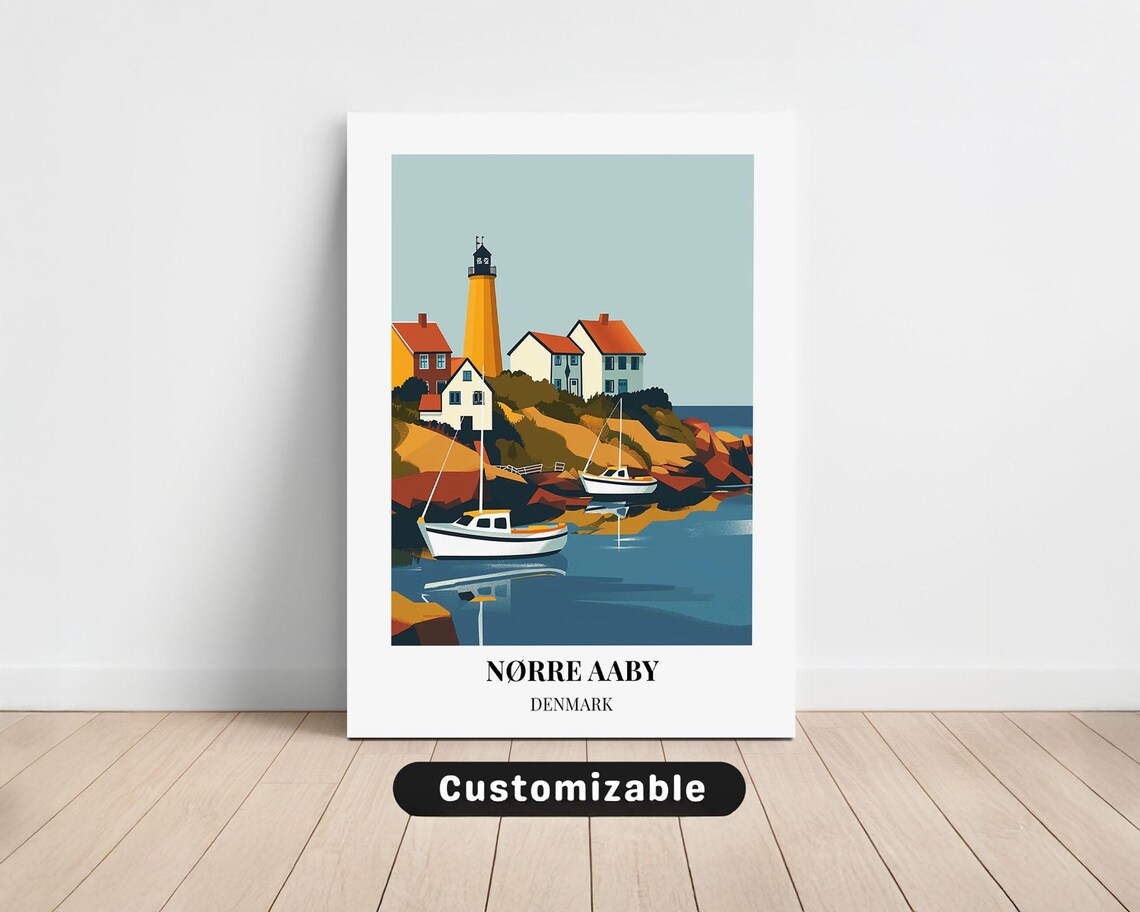 Norre Aaby Denmark Lighthouse Harbor Boats Vintage Travel Poster