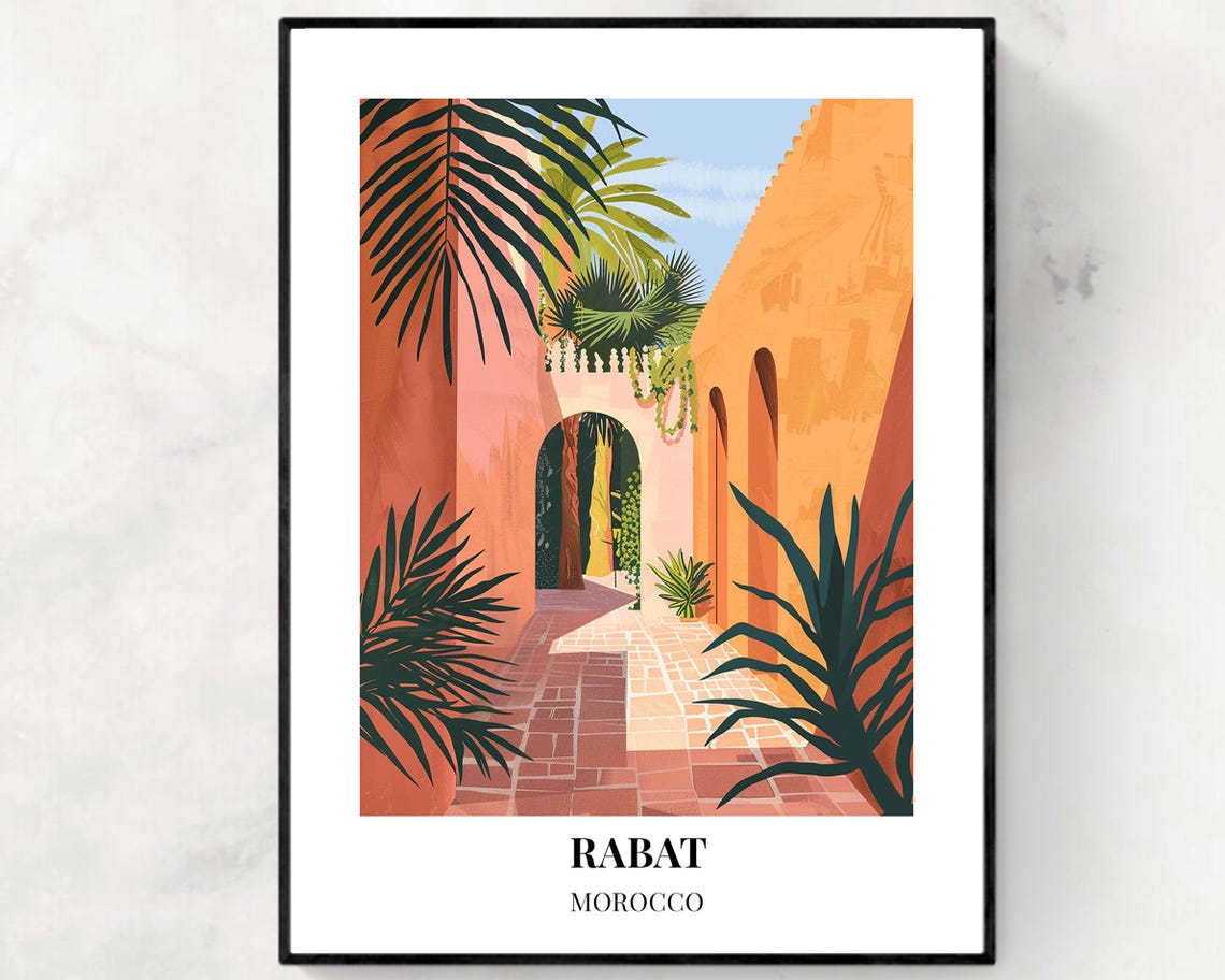 Rabat Morocco Pink Courtyard Moorish Arches Palms Travel Poster
