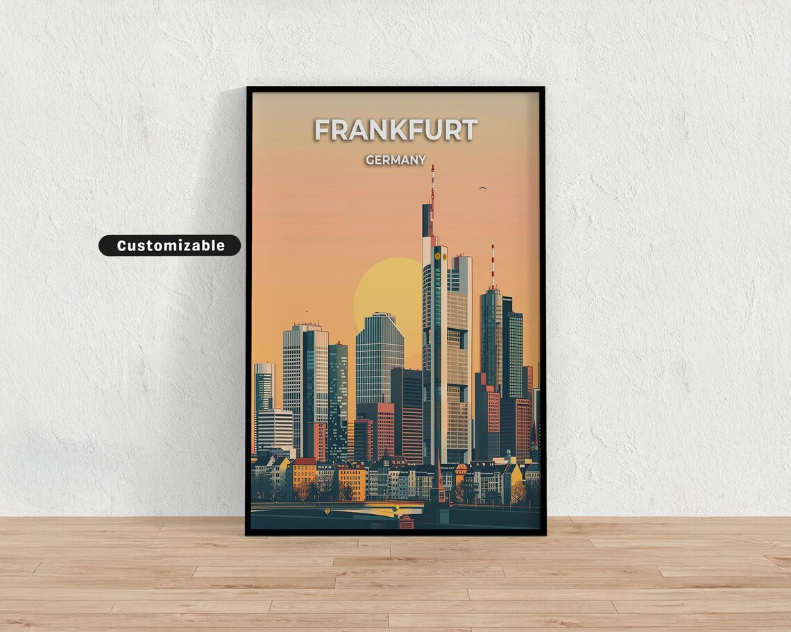 Frankfurt Germany Skyline Sunset Golden Hour City Travel Poster