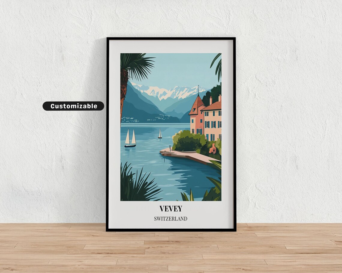 Vevey Switzerland Lakeside Promenade Sailboats Vintage Travel Poster
