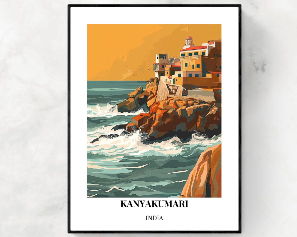 Kanyakumari India Cliffside Town Ocean Swell Minimal Travel Poster