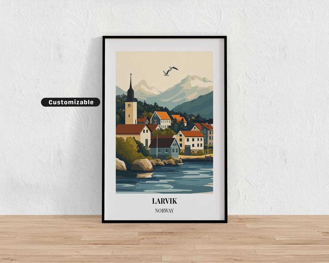 Larvik Norway Church Harbor Waterfront Coastal Town Travel Poster