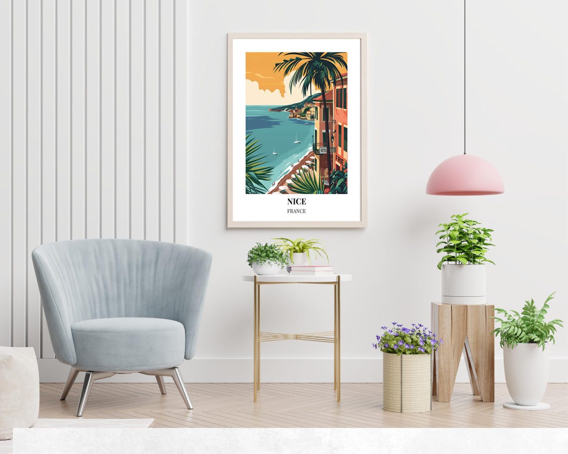 Nice France Riviera Beach Promenade with Tall Palm Trees Poster - Image 2