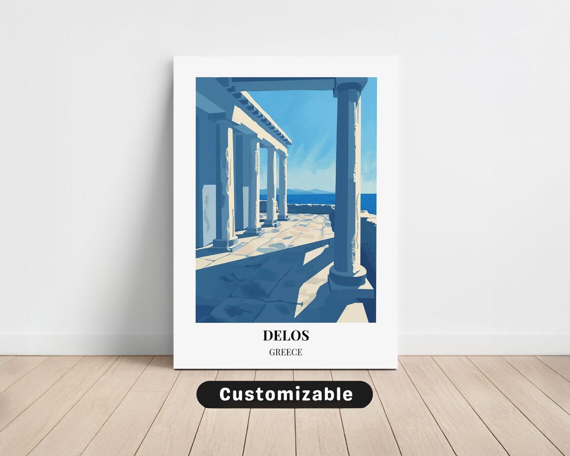 Delos Greece Ancient Blue Colonnade Ruins Retro Travel Poster