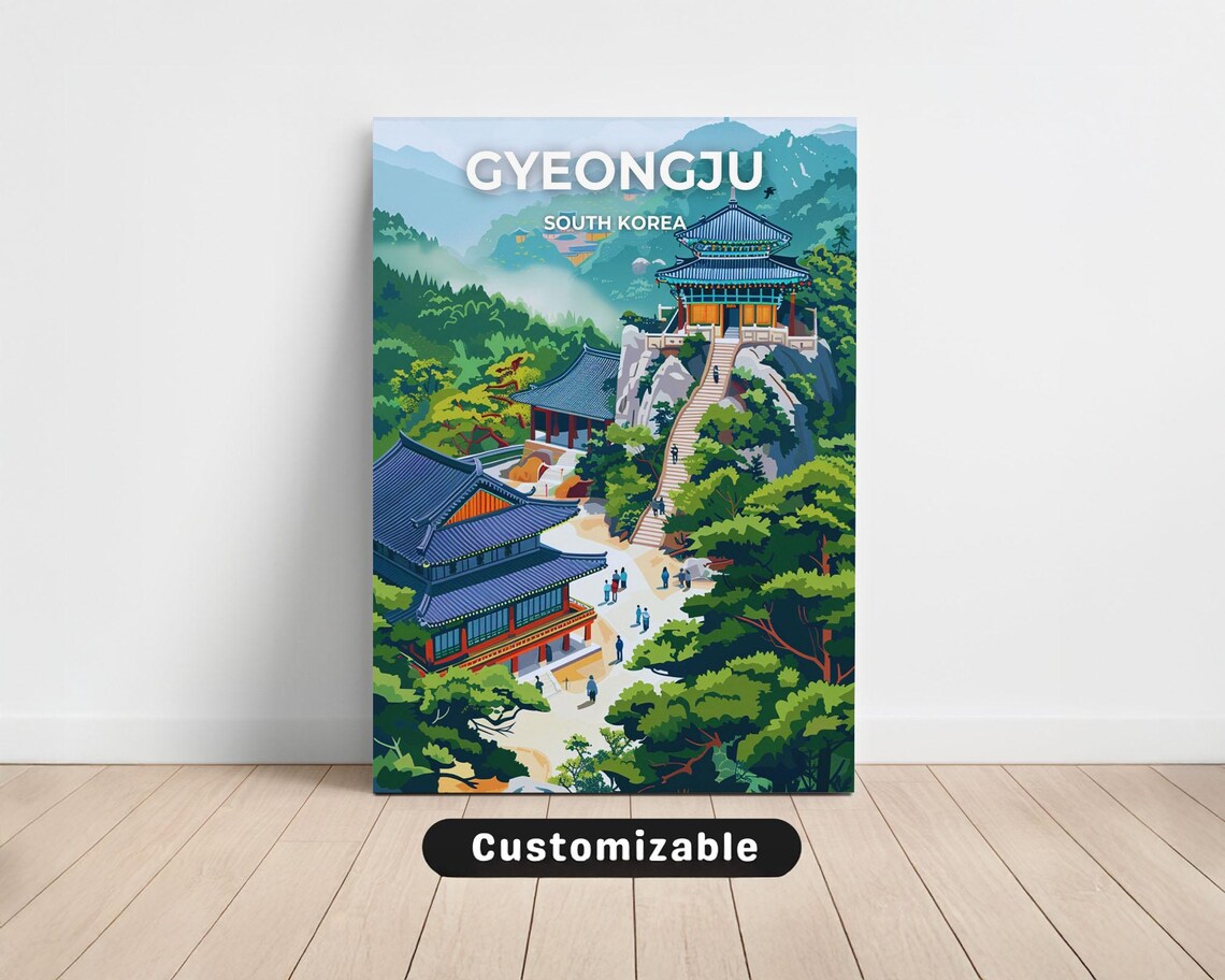 Gyeongju South Korea Mountain Temple Travel Illustration Poster