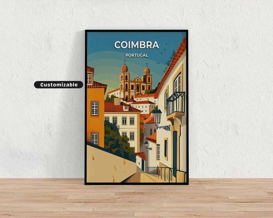 Coimbra Portugal Old Town Street Church Vintage Travel Poster Art