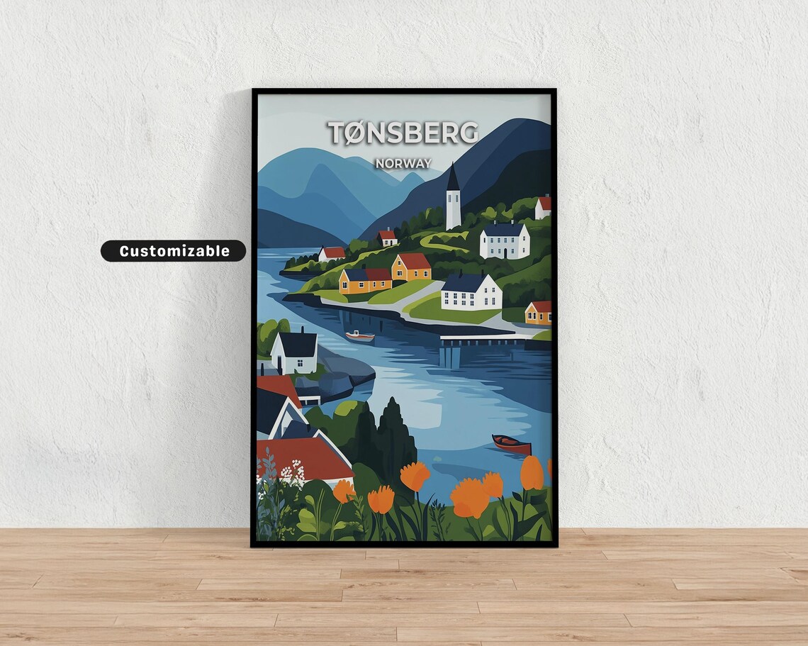 Tønsberg Norway Fjord Hillside Church Flowers Modern Travel Poster