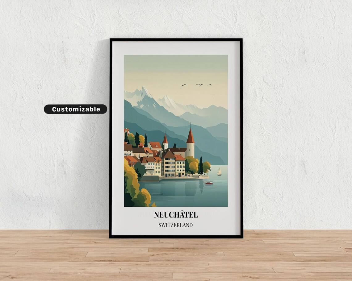 Neuchatel Switzerland Lakeside Castle Mountain Vintage Travel Poster