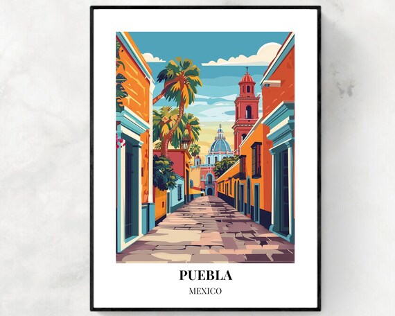Puebla Mexico Sunlit Colonial Street Cathedral Palm Trees Poster