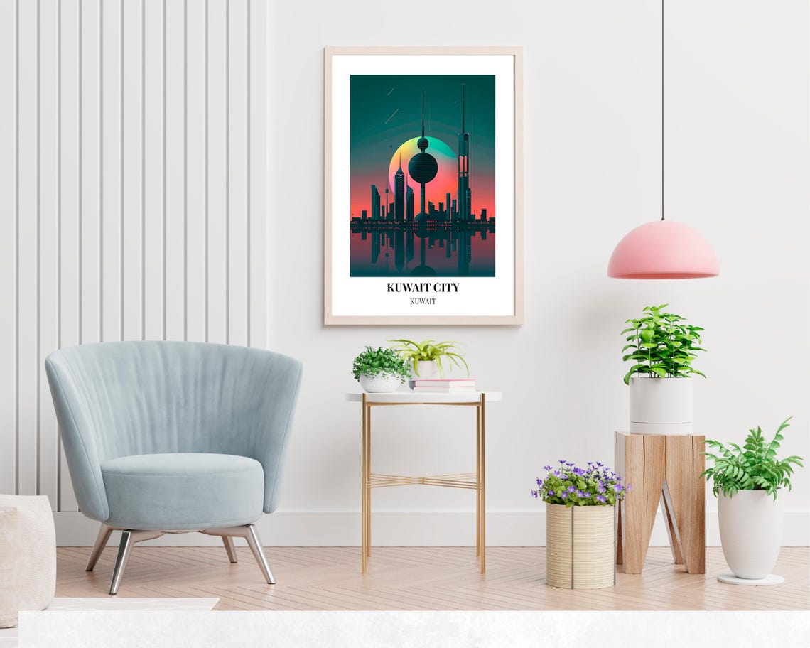 Kuwait City Towers Night Skyline Neon Sunset Reflection Travel Poster - Image 2