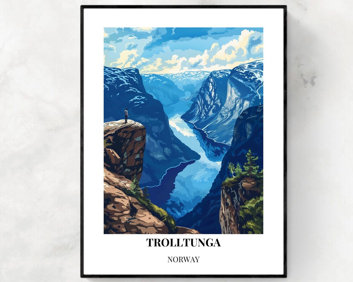 Trolltunga Cliff Norway Fjord Lone Hiker Viewpoint Travel Poster