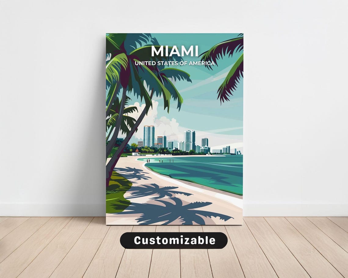 Tropical Miami Beach Palm Trees Skyline Ocean Breeze Travel Poster