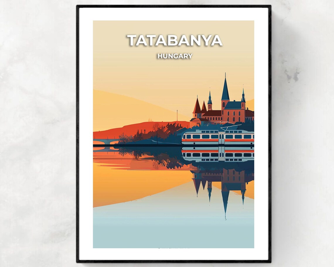 Tatabanya Hungary Sunset Lake Church Train Vintage Travel Poster