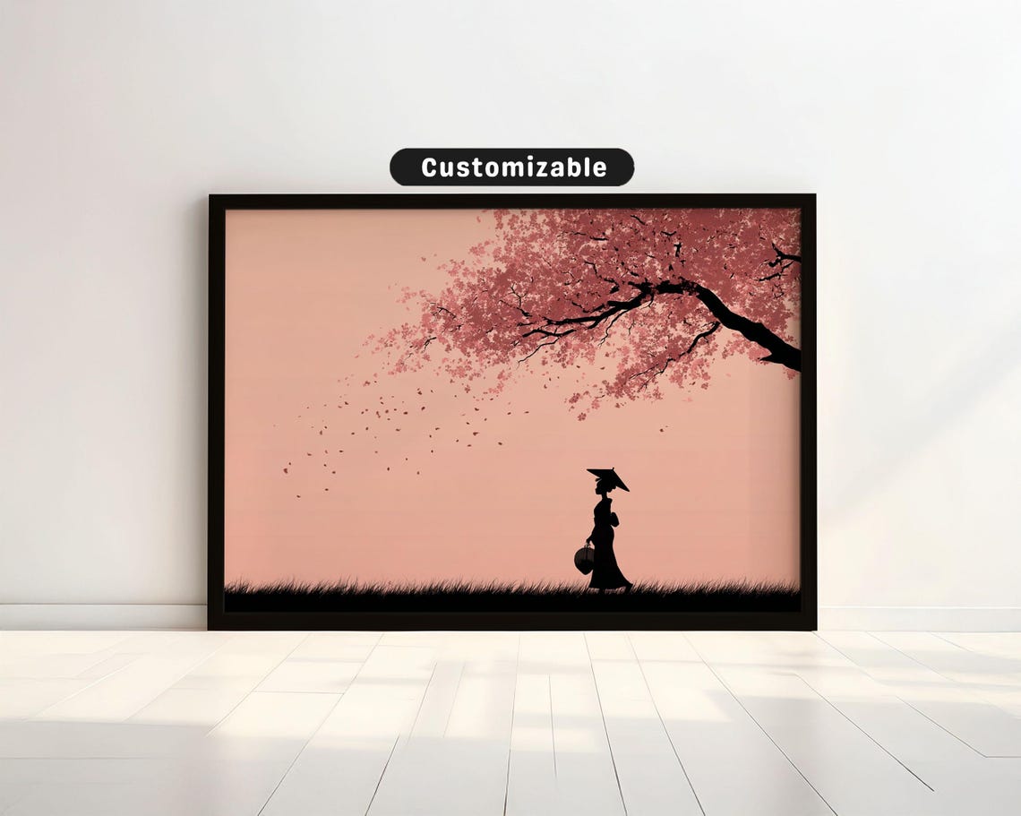 Geisha Silhouette Under Cherry Blossoms With Soft Wind Japanese Wall Art Print Zen Asian Decor