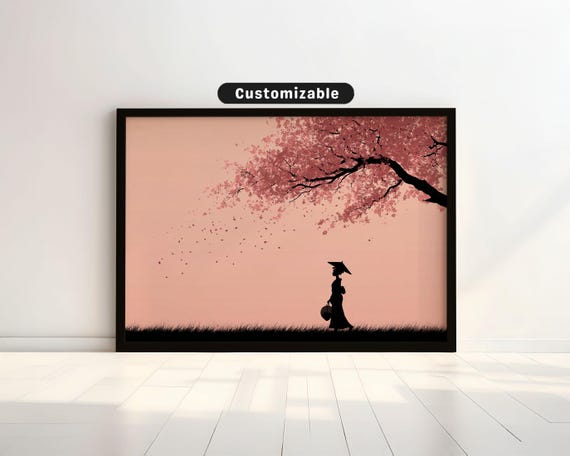 Geisha Silhouette Under Cherry Blossoms With Soft Wind Japanese Wall Art Print Zen Asian Decor